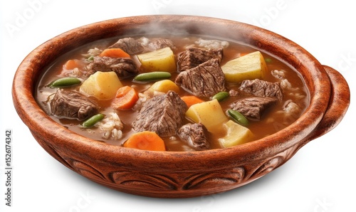 Steaming beef stew in rustic bowl, vegetables, comfort food, website recipe