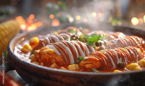 Steaming Chicken Enchiladas, Corn, Spicy Sauce, Fireplace Background, Food Photography