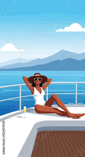 flat vector illustration: A confident woman in a bikini and sunglasses relaxed on a yacht's, with wind-swept hair and a tropical island in the background. Ideal for luxury travel and summer themes