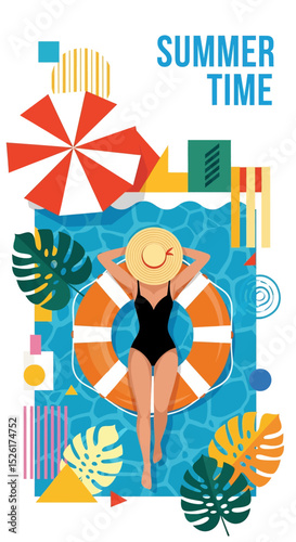 Relaxing flat vector illustration: A woman in a bikini floats on a life buoy in a blue pool, surrounded by tropical leaves, geometric shapes, and a beach umbrella, with "SUMMER TIME" text