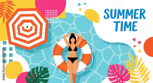 Relaxing flat vector illustration: A woman in a bikini floats on a life buoy in a blue pool, surrounded by tropical leaves, geometric shapes, and a beach umbrella, with "SUMMER TIME" text