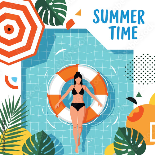 Relaxing flat vector illustration: A woman in a bikini floats on a life buoy in a blue pool, surrounded by tropical leaves, geometric shapes, and a beach umbrella, with "SUMMER TIME" text