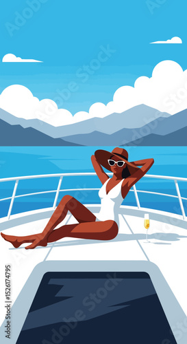 flat vector illustration: A confident woman in a bikini and sunglasses relaxed on a yacht's, with wind-swept hair and a tropical island in the background. Ideal for luxury travel and summer themes
