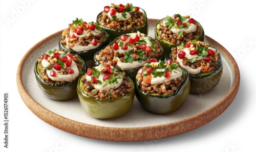 Stuffed peppers, grain filling, pomegranate, parsley garnish,  white background, food photography, recipe illustration