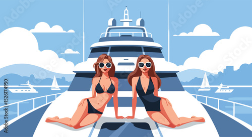 Flat vector illustration of two confident women in bikinis and sunglasses lounging on the deck of a luxurious yacht, with other boats and a clear sky in the background. Ideal for summer luxury travel
