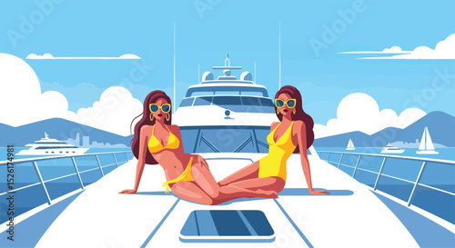 Flat vector illustration of two confident women in bikinis and sunglasses lounging on the deck of a luxurious yacht, with other boats and a clear sky in the background. Ideal for summer luxury travel