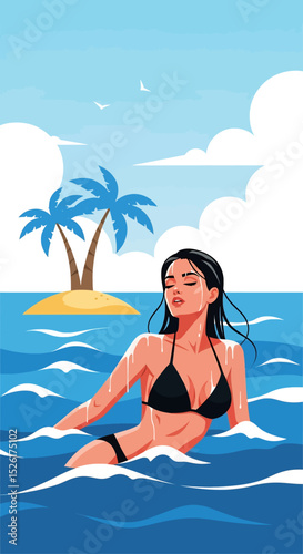 flat vector illustration: A woman in a bikini is immersed in the ocean, with wet hair and water droplets. A small island with palm trees and birds are in the distance under a blue sky.
