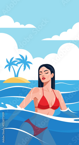 flat vector illustration: A woman in a bikini is immersed in the ocean, with wet hair and water droplets. A small island with palm trees and birds are in the distance under a blue sky.