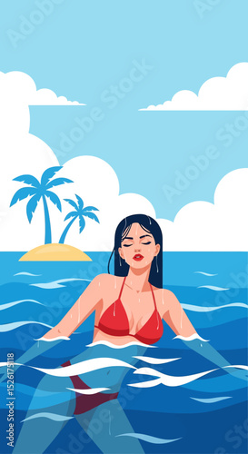 flat vector illustration: A woman in a bikini is immersed in the ocean, with wet hair and water droplets. A small island with palm trees and birds are in the distance under a blue sky.