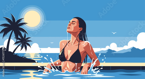 Serene flat vector illustration: A woman in a bikini enjoys a tropical pool at sunset, with palm trees and the ocean in the background. Perfect for vacation and relaxation themes