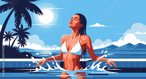 Serene flat vector illustration: A woman in a bikini enjoys a tropical pool at sunset, with palm trees and the ocean in the background. Perfect for vacation and relaxation themes