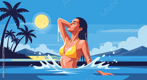 Serene flat vector illustration: A woman in a bikini enjoys a tropical pool at sunset, with palm trees and the ocean in the background. Perfect for vacation and relaxation themes