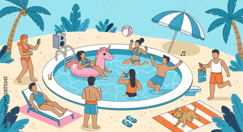 Joyful flat vector illustration: Summer pool party scene with diverse people swimming, lounging, and enjoying refreshments under palm trees and a beach umbrella