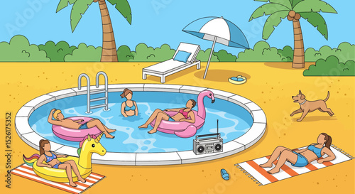 Joyful flat vector illustration: Summer pool party scene with diverse people swimming, lounging, and enjoying refreshments under palm trees and a beach umbrella