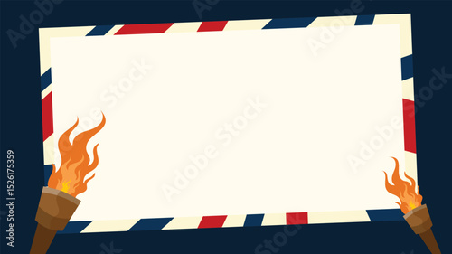 Blank patriotic sign with American flag border and flaming torches for message