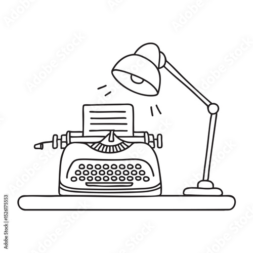 A typewriter under a desk lamp