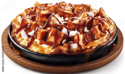 Sweet potato skillet dish, caramel sauce, coconut, food photography, studio shot, restaurant menu