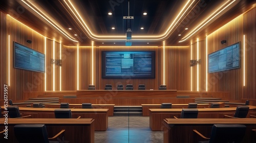 Modern Wooden Courtroom with Sleek Lighting and Digital Displays Illustration