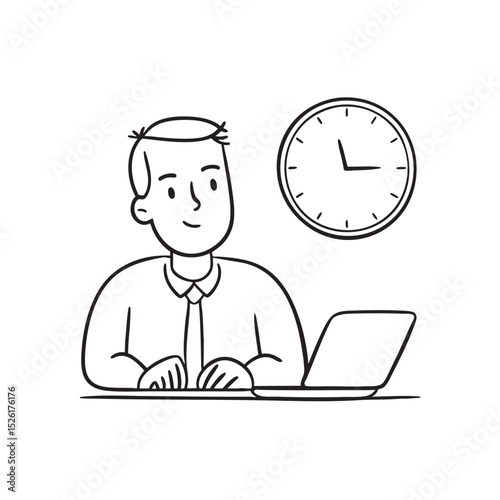Employee working on a computer near a wall clock