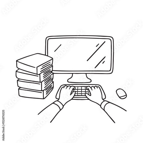 Hand typing in front on screen beside a stack of folders