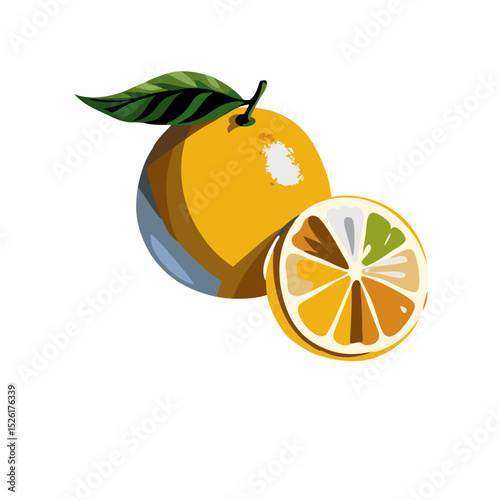 Orange with a sliced segment and green leaf
in colorful design, vector illustration on transparent background