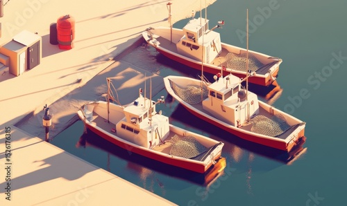 Three fishing boats docked at harbor sunrise