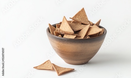 Triangle-shaped baked chips in bowl, white background, snack food