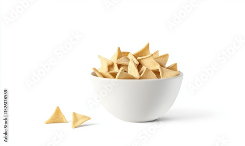 Triangle-shaped snacks in bowl, white background, food photography, for packaging