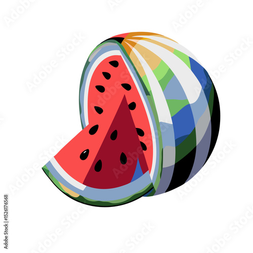 Watermelon slice with colorful design, vector illustration on transparent background
