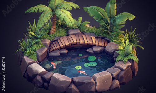 Tropical Koi Pond Garden Scene Relaxing fish pond with bridge, lush plants, and grey background; ideal for game asset or serene illustration