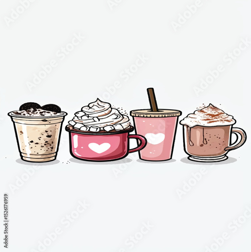 "Assorted Hot and Cold Beverages with Whipped Cream Toppings – Coffee, Milkshakes, and Hot Chocolate"