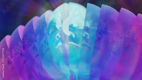 3D illustration. Multiple personality masks are revealed against the background of enlightenment	