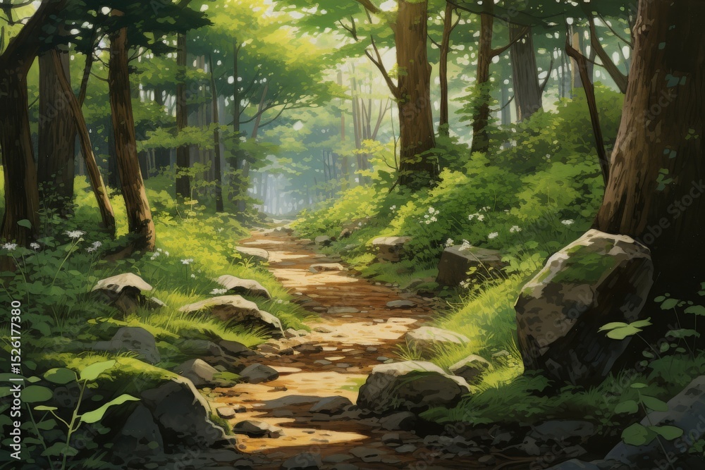 Fototapeta premium Explore serene forest trails surrounded by lush greenery and sunlight filtering through majestic trees on a peaceful nature walk