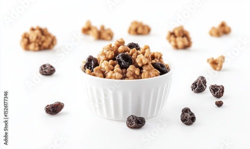 Walnuts and raisins in bowl, healthy snack, white background, food photography, recipe ingredient