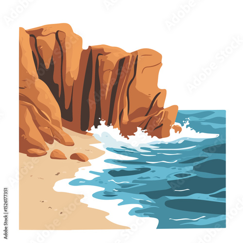 2D flat Beach Waves Rocky Cliffs illustration vector, isolated on a white background.