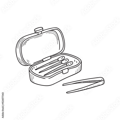 Tweezers beside an open sewing box