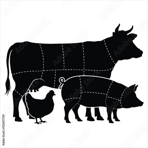 A clean, black silhouette vector of a butcher diagram showing cuts of meat on a cow, pig, and chicken 