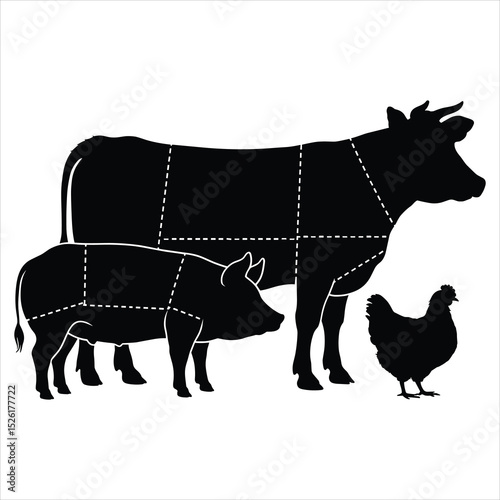 A clean, black silhouette vector of a butcher diagram showing cuts of meat on a cow, pig, and chicken 