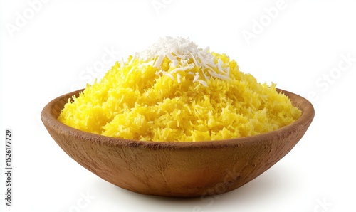 Yellow rice dessert with coconut, in a bowl, white background, food photography