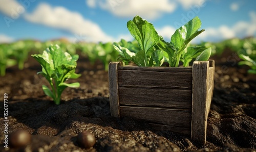 Young plants in wooden crate, field, sunny day, agriculture