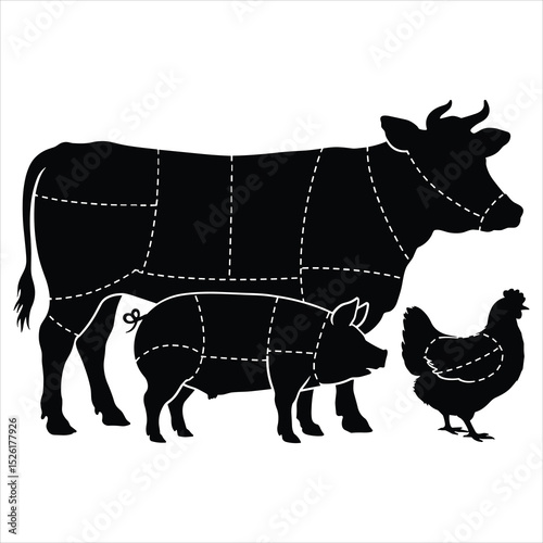 A clean, black silhouette vector of a butcher diagram showing cuts of meat on a cow, pig, and chicken 