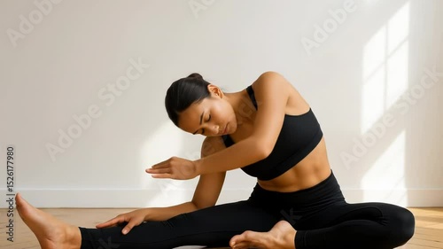 Flexible Woman Practicing Yoga Stretch in Sunlit Room with Natural Shadows and Minimalist Interior