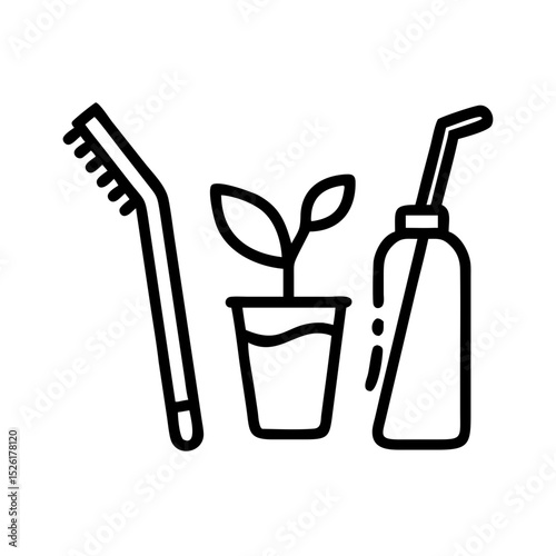 Toothbrush, plant, and cleaning bottle in minimalistic design  