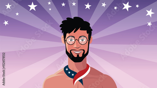 Bearded man in glasses with patriotic scarf and starry sky background