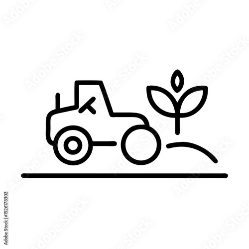 Tractor cultivating soil with growing plant in minimalist style  