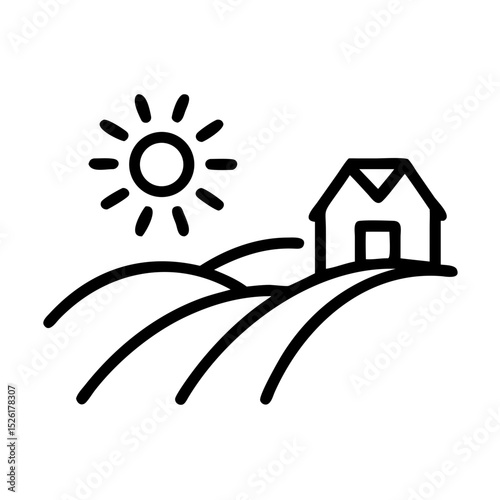 Simple line drawing of house on hills with sun in the background  