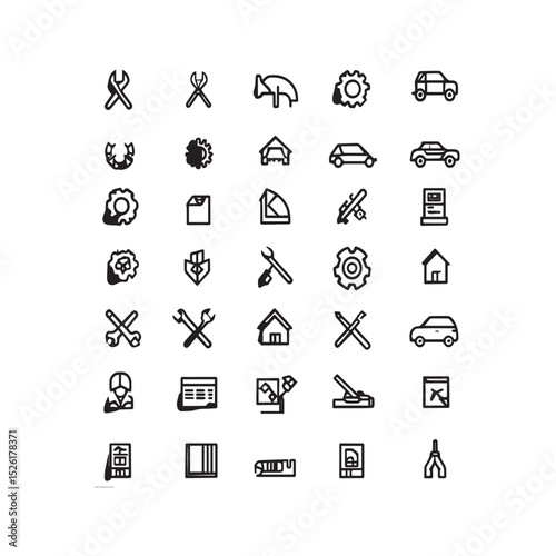 Collection of black and white repair and car icons