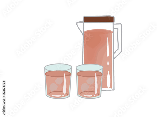 Illustration of a landscape with barley tea in a glass cup and barley tea in a bottle