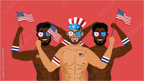 Three men celebrating Independence Day with American flags and face paint