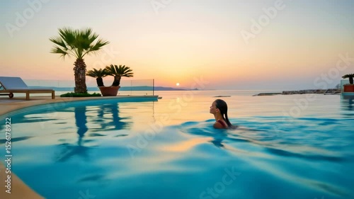 Serene Moment of a Woman Swimming in an Infinity Pool at a Mediterranean Resort During Golden Sunset, Capturing Freedom, Luxury Travel, and Dreamlike Spa Ambiance